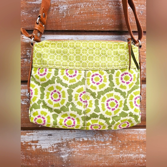 Vintage Fossil Green Canvas & Brown Genuine Leather Crossbody Purse Floral - Picture 10 of 16